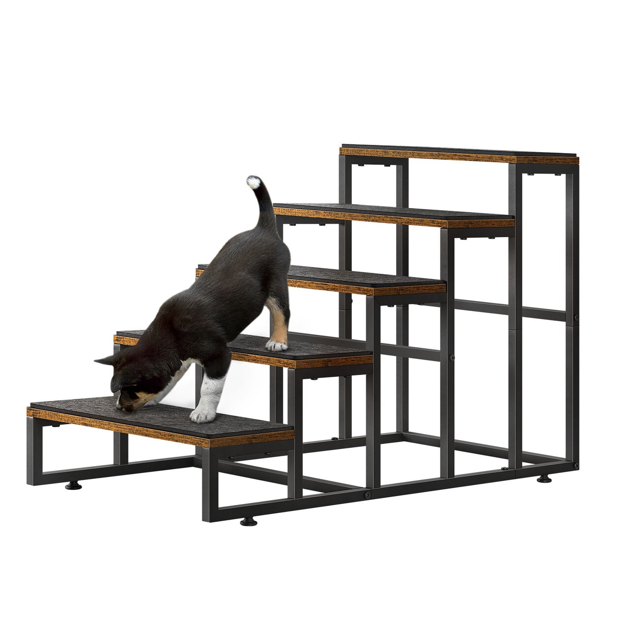 4-Step Dog & Cat Stairs with Non-Slip Base – Sturdy Wood/Metal Pet Ladder for Sofa, Bed & Balcony, Joint-Friendly Design (Brown)